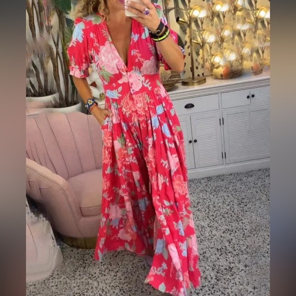 Red, colorful, floral, V-neck button, short sleeve maxi dress with waist belt - Picture 1 of 6